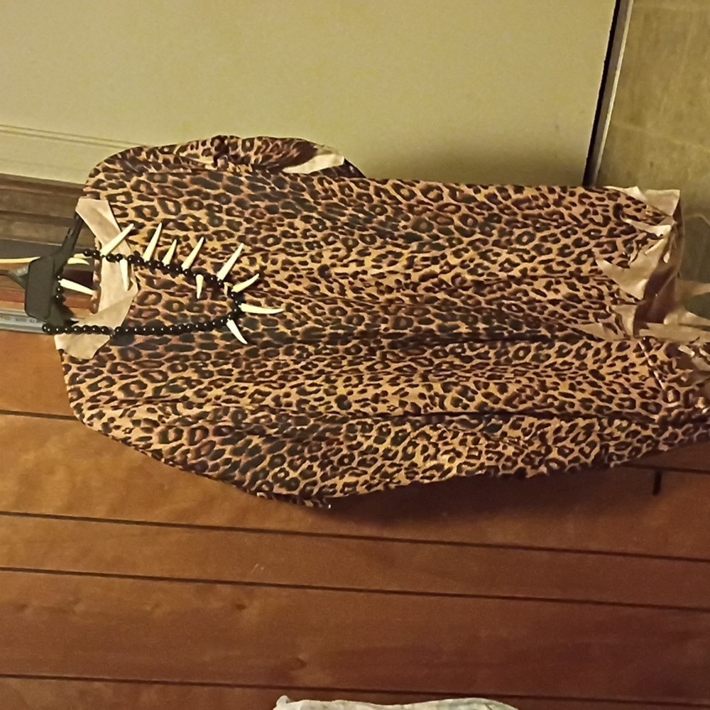 Leopard Print Cavewoman Costume With Animal  Bone Necklace OSFA